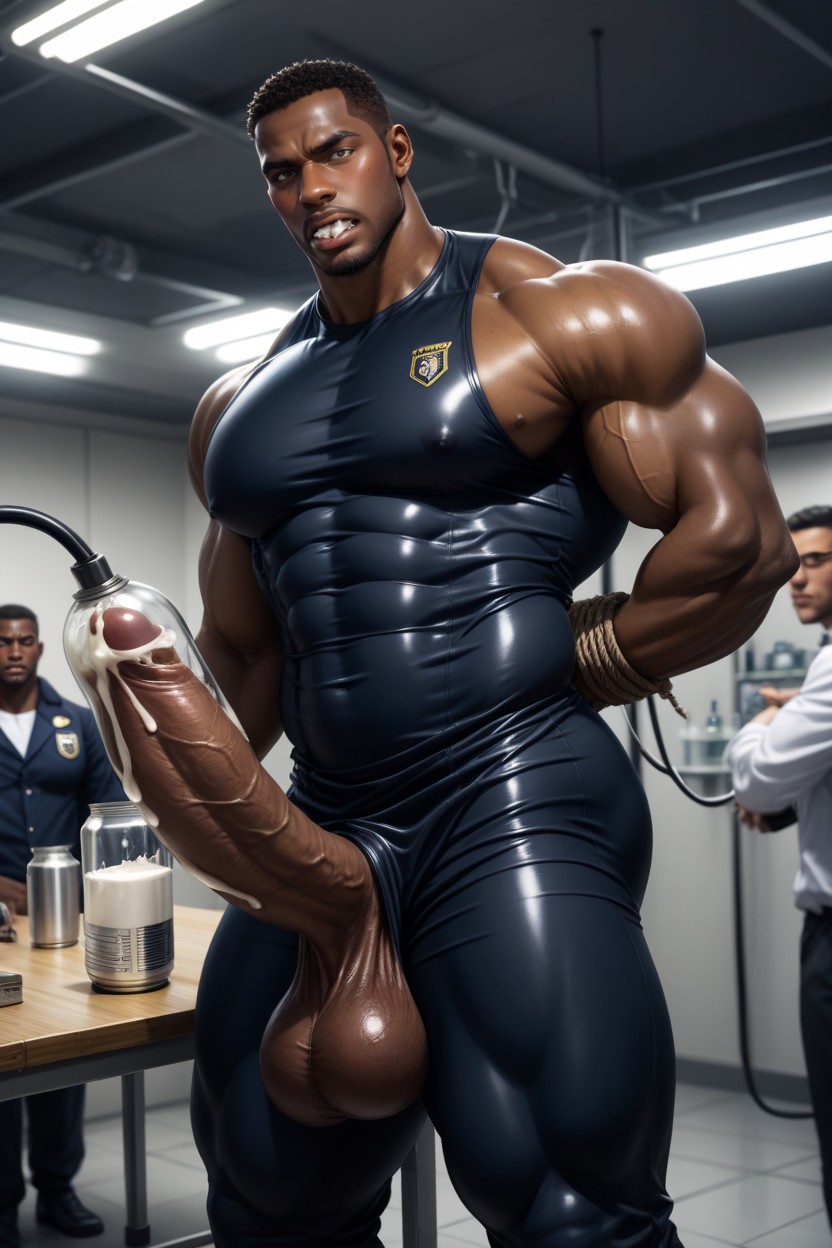 Men With Outline Of Giant Hyper Cock Visible In Skintight Pants, Wet T-shirt, Sci-fi Examination Table AI Gay Porn