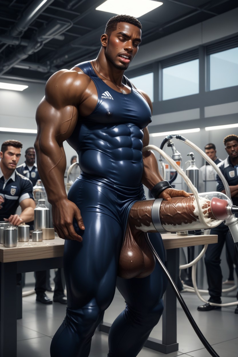 Tribal Wear, Men With Outline Of Giant Hyper Cock Visible In Skintight Pants, Machine Sucking Up Cum AI Gay Porn