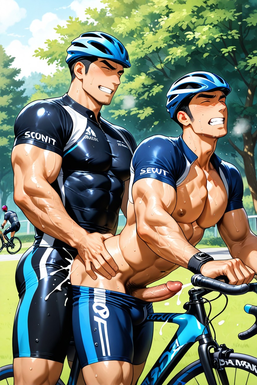 Both Men Are Wearing Black Cycling And Tshirt, Ejaculation, Having Sex AI Gay Porn