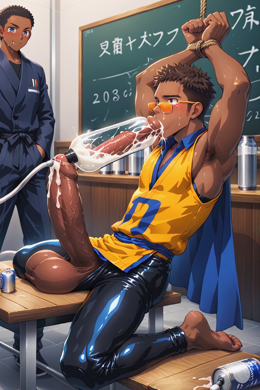 Dark Skin African Man With Hands And Feet Tied And Bound To Table, Correct Anatomy, Handjob AI Gay Porn