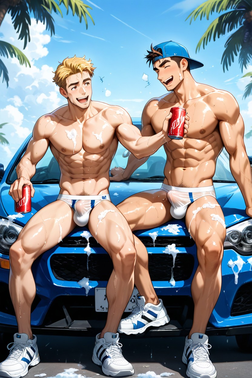18+, Fit, They Are Using Sponges To Wash A Car AI Gay Porn