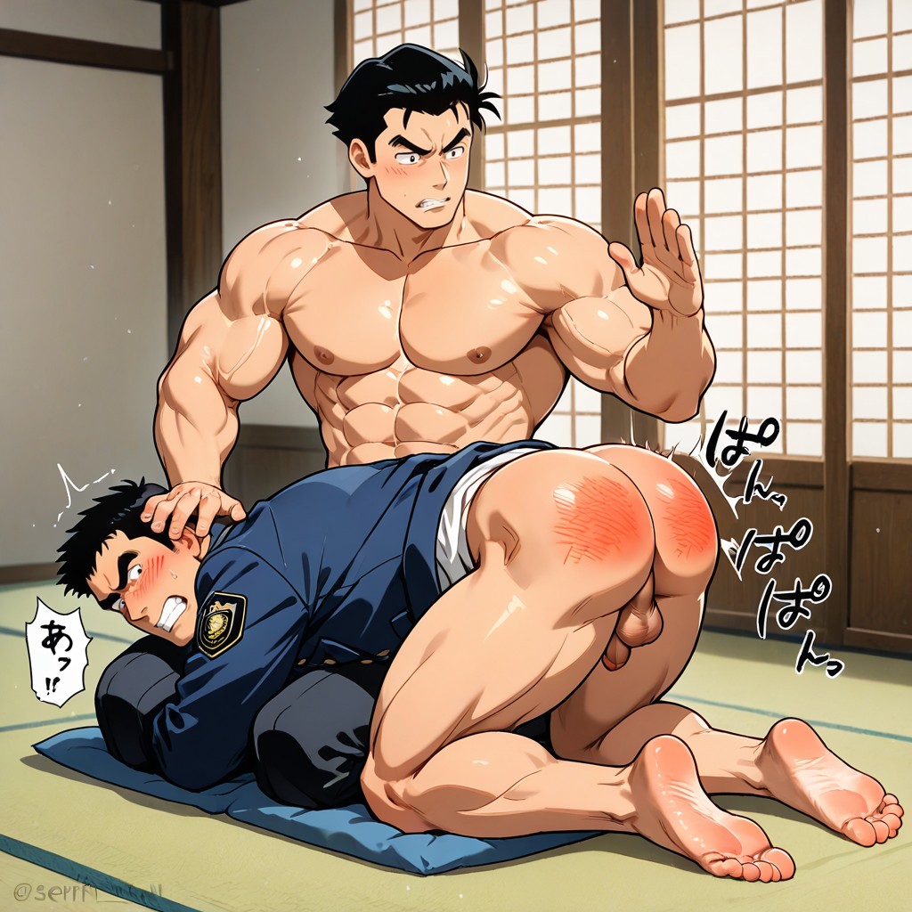 Spanked Man's Elbows Rest On The Tatami, Soles Of Feet, Brown Skin AI Gay Porn