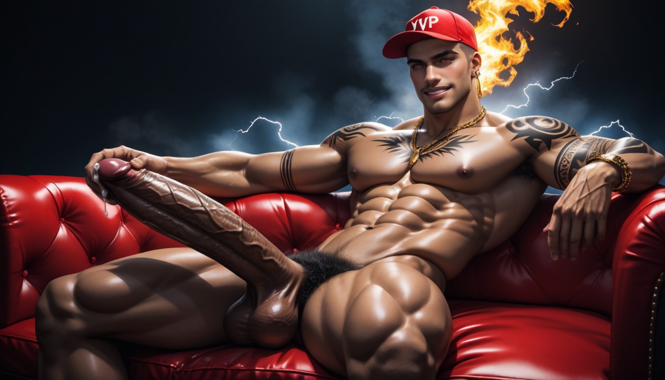 Leather Couch, Black Background, Great Abs AI Gay Porn