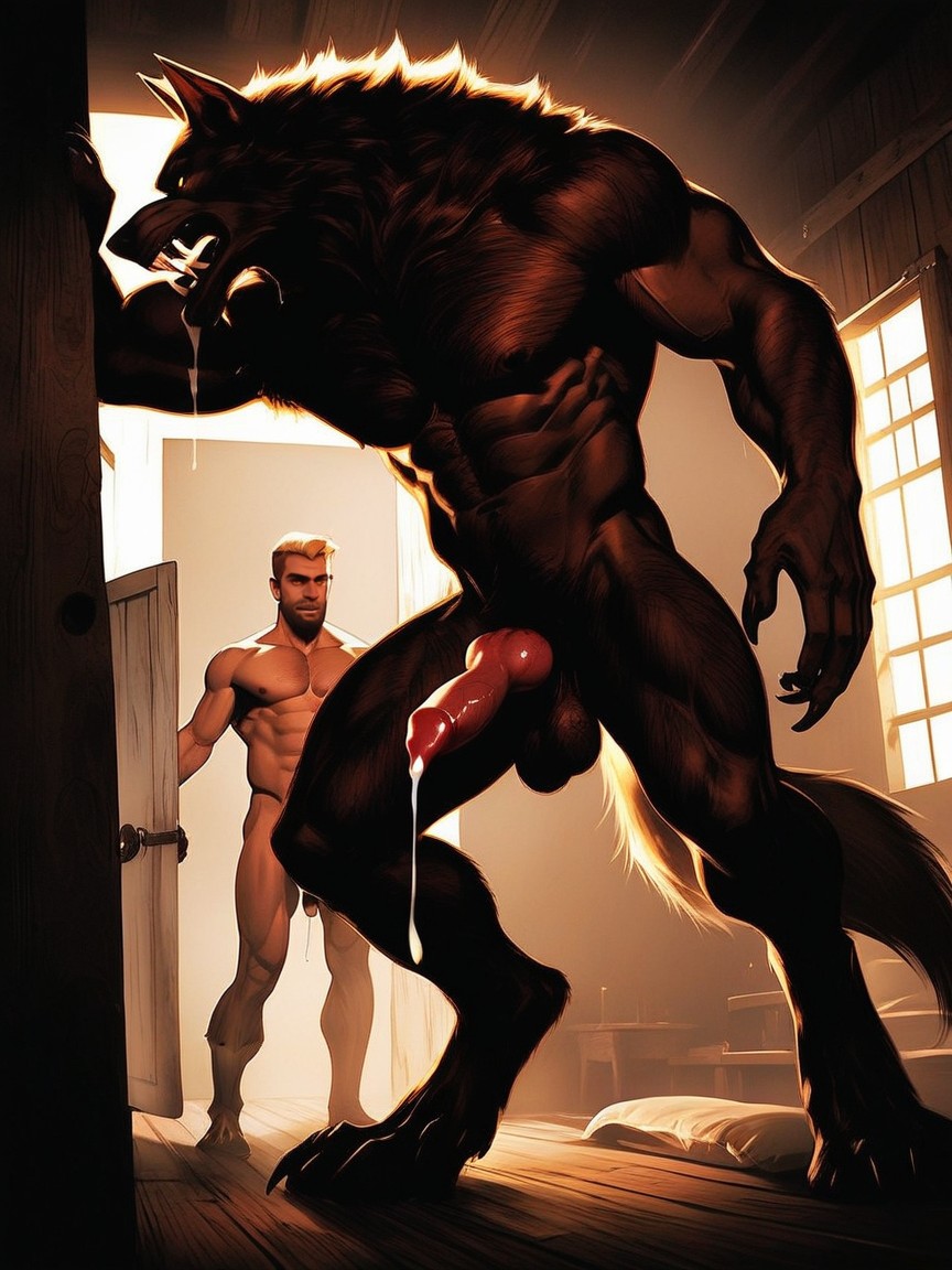 Werewolf Glowering Down At The Human Male, Creampie, Werewolf Has A Massive Oversized Muscular Torso AI Gay Porn