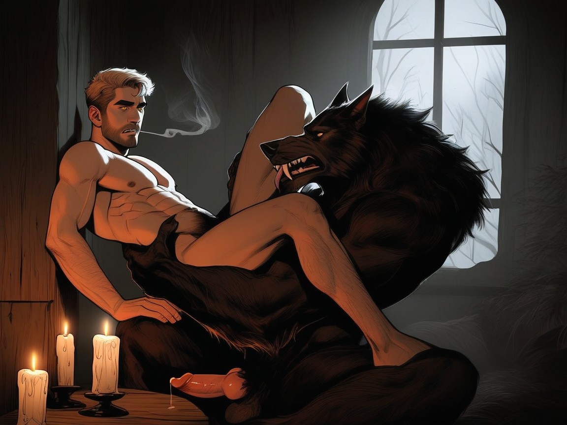 Desaturated Cool Tones Heavy Fog, Werewolf Glowering Down At The Human Male, Knot AI Gay Porn