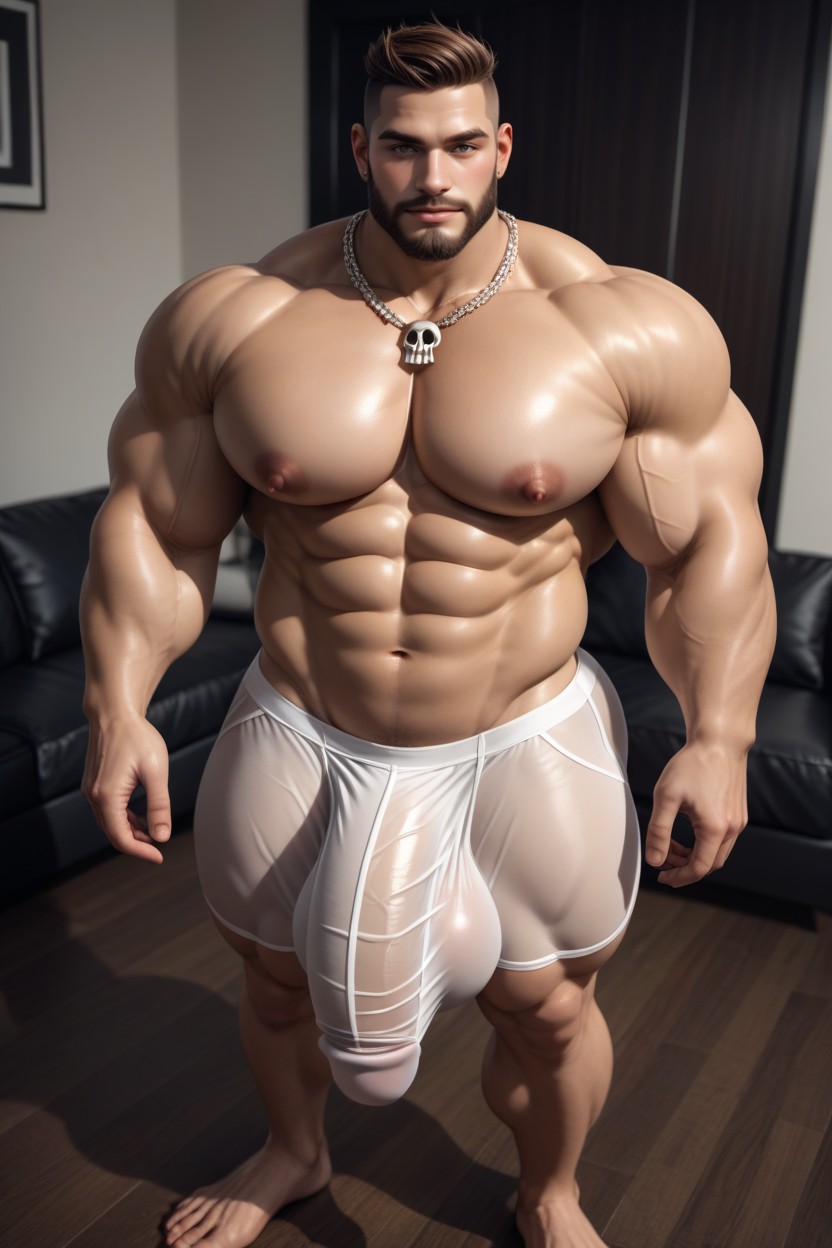 Big Bloated Abs, White Bulge, Dark Brown Hair AI Gay Porn