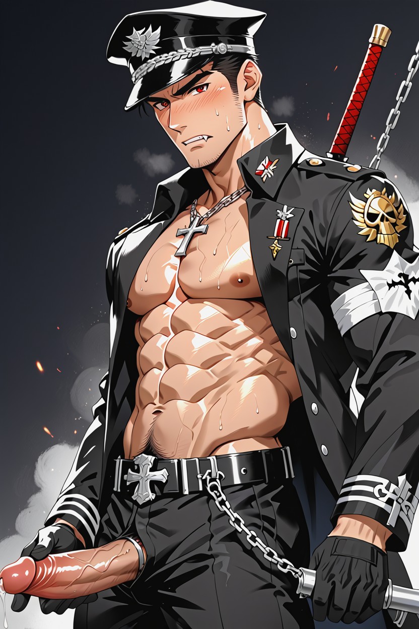 Medium Size Penis, Precum, Wearing Black Gloves On Both Hands AI Gay Porn