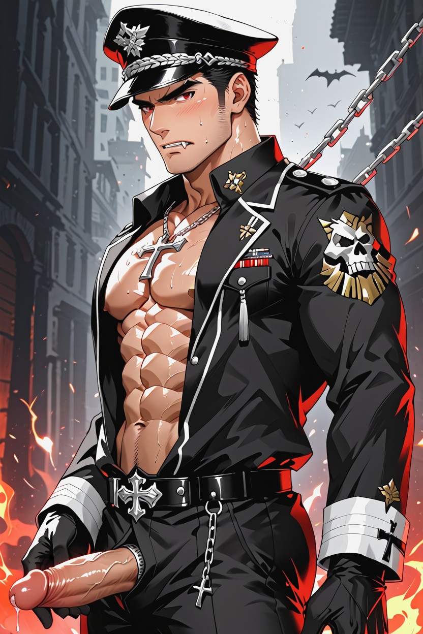 Serious Expression, Slightly Closed Eyelids, Black Gothic Military Uniform AI Gay Porn