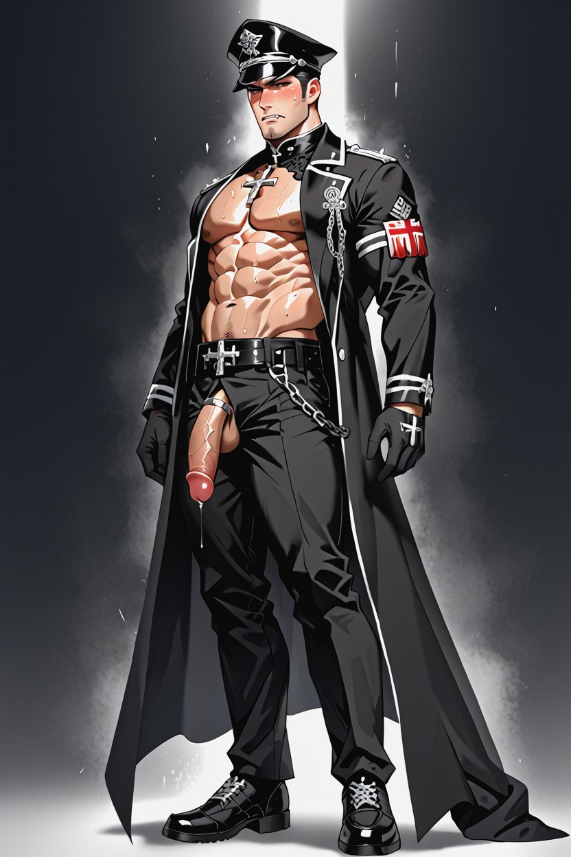 Black Hair, Muscular, Outfit Is Decorated With Silver Cross Accessories And A Chain On Clothes AI Gay Porn
