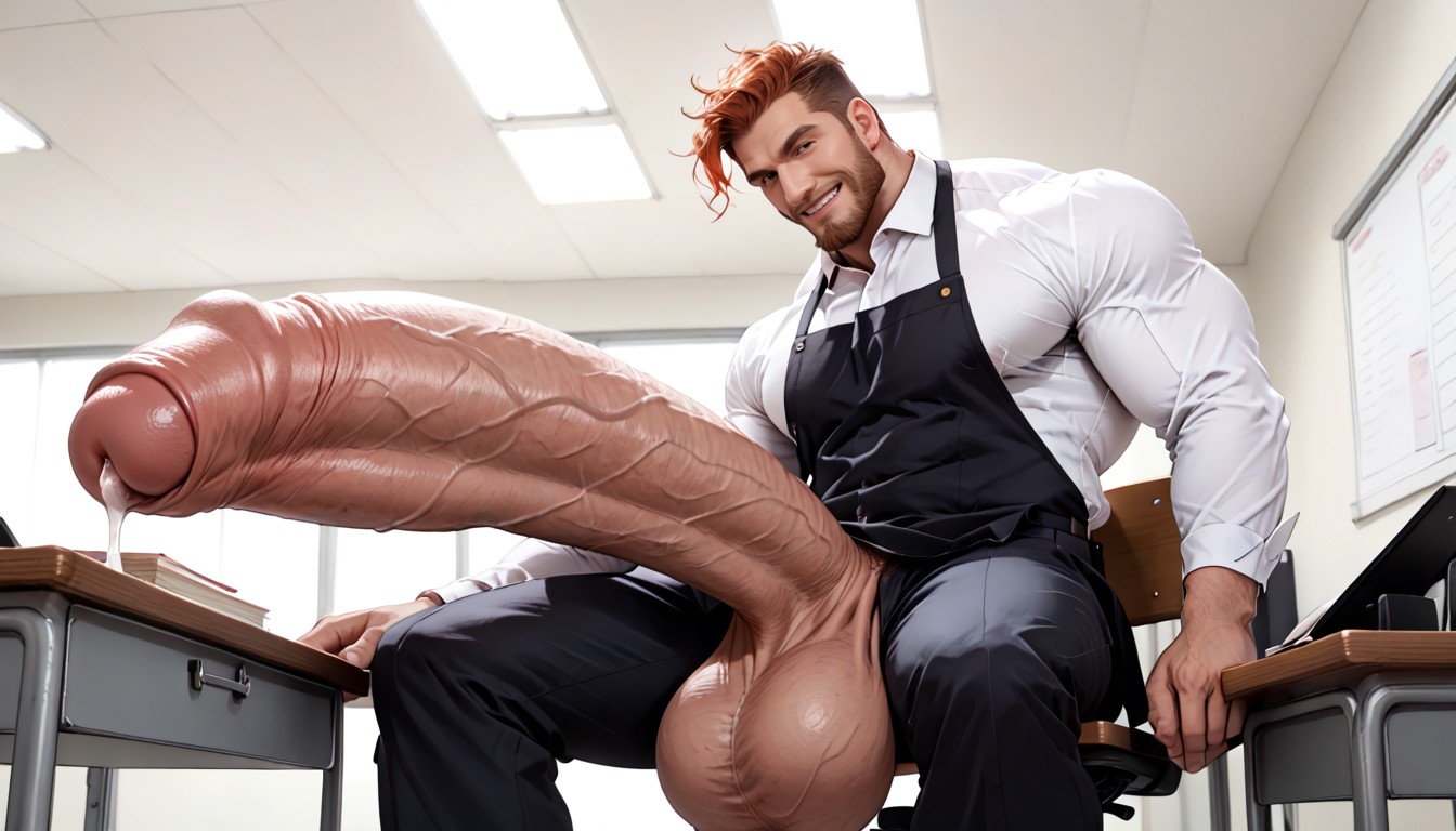 Massive Enormous Giant Hyper Cock, Jerks Penis With Movement Lines Handsome Bearded Masculine Face, Precum Dripping On Face AI Gay Porn