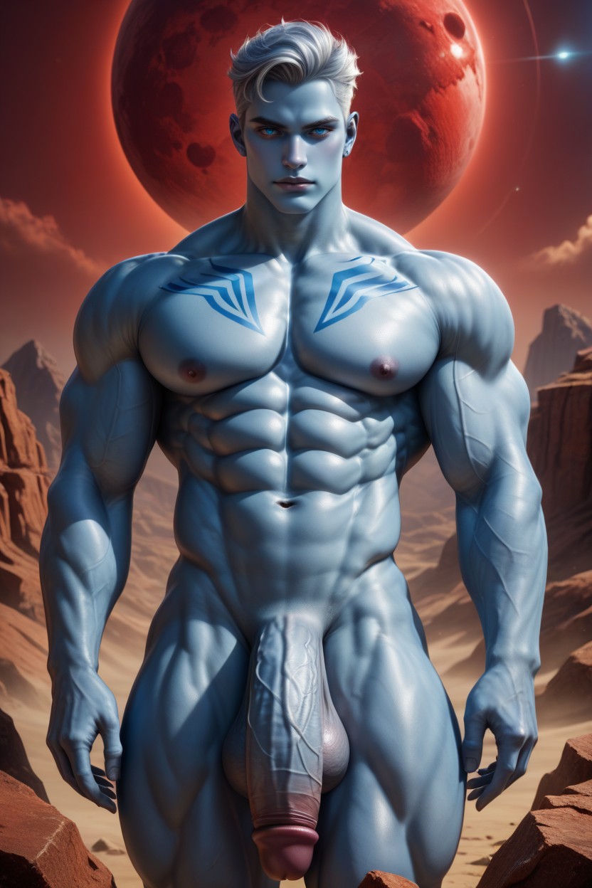 Model, Oversized Huge Heavy Testicles And Gigantic Massive Balls Powerful Elongated Legs Standing On Red Planet, Sharp Defined Shoulders AI Gay Porn