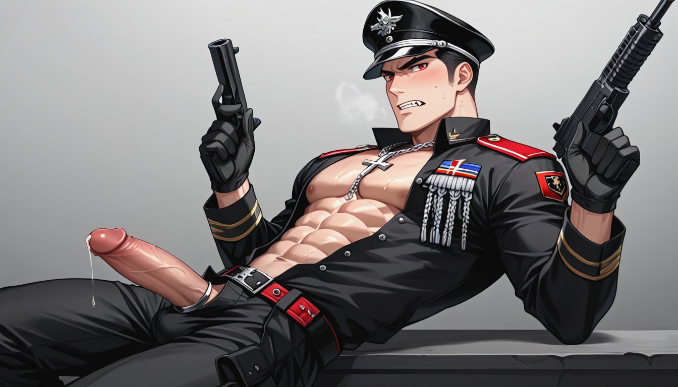 Serious Expression, Wearing A Peaked Cap With A Skull Emblem, Silver Cock Ring AI Gay Porn