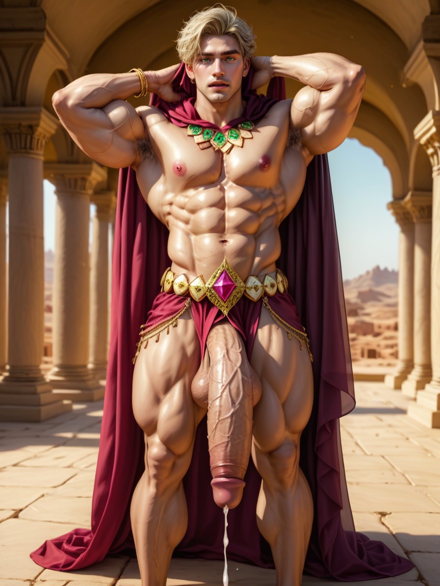 Hyper Stiff Extremely Long Pink Nipples, Heavy Belly Dancer Golden Jewelry Beaded With Gem Stones, Messy Hair AI Gay Porn