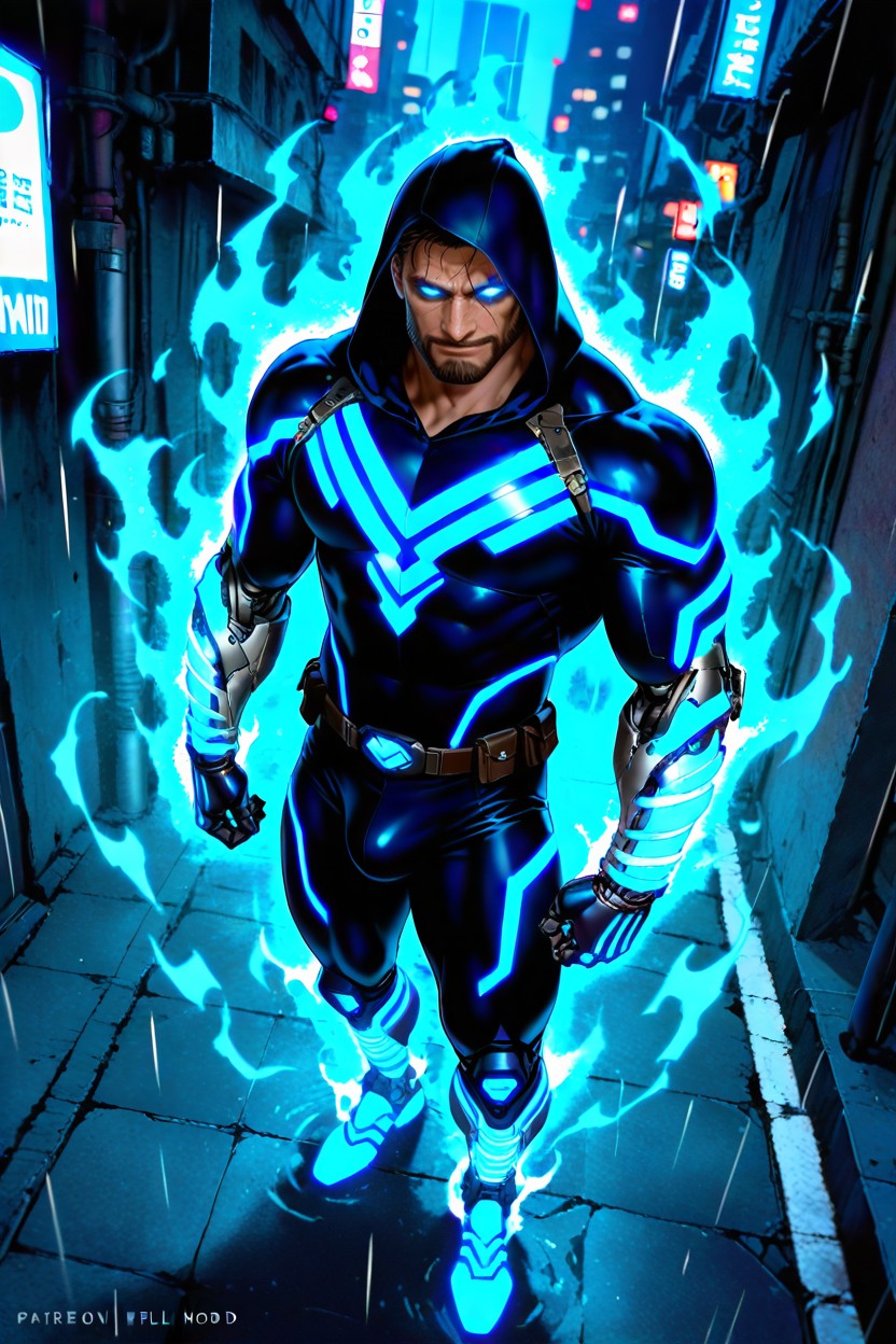 Hard Bulge, Looking At The Viewer, Glowing Cyborg Legs AI Gay Porn