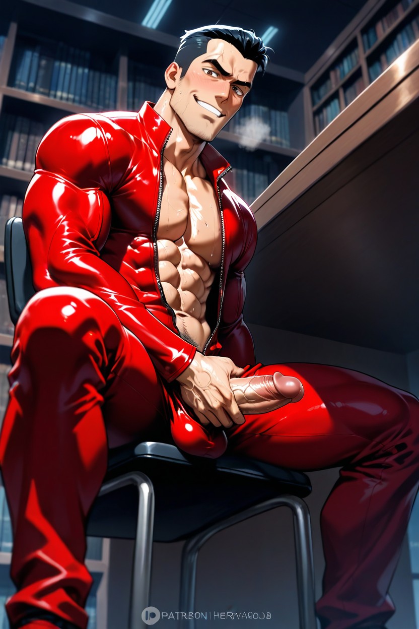 Heavy Breathing, Only Wearing Tight-fitting Red Unzipped Bodysuit, Male Masturbate AI Gay Porn