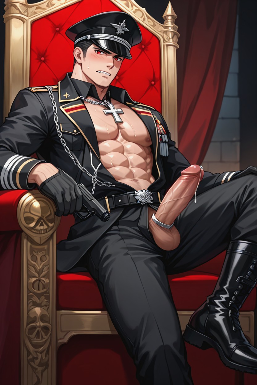 Hard Penis, Throne Background, Black Gothic Military Uniform AI Gay Porn
