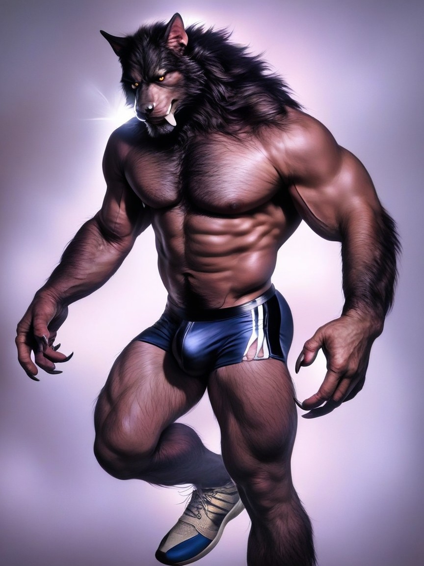 Muscular Furry Monster, The Werewolf Is Covered In Fine Black Fur, Werewolf Eyes Have Yellow Irises AI Gay Porn