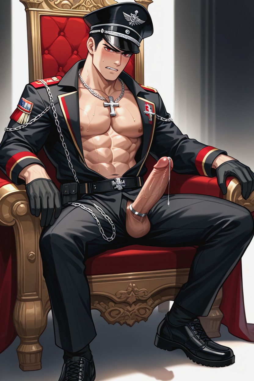 Sweating, Closed Teeth Showing Vampire Fangs, Wearing Full Black Gothic Military Uniform AI Gay Porn