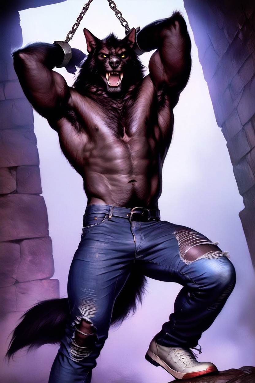 Hairy Paw-like Werewolf Hands, Roaring Open Mouth, Finely Detailed Werewolf AI Gay Porn