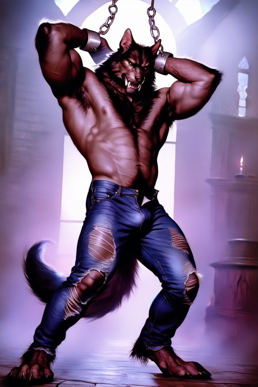Finely Detailed Black Fur, 18+, Wearing Ripped Unbuttoned Jeans AI Gay Porn