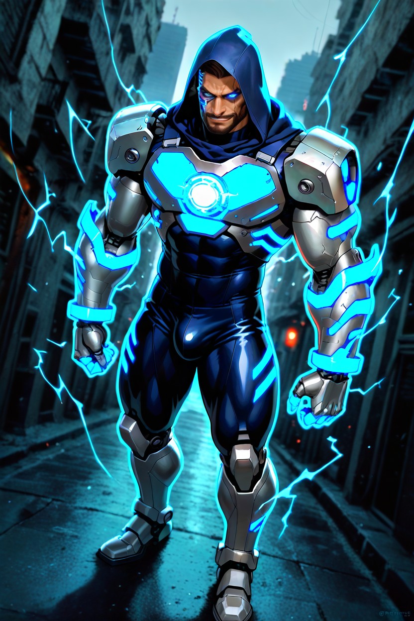 Dark Blue Hood, Modern City, Cyborg Legs AI Gay Porn