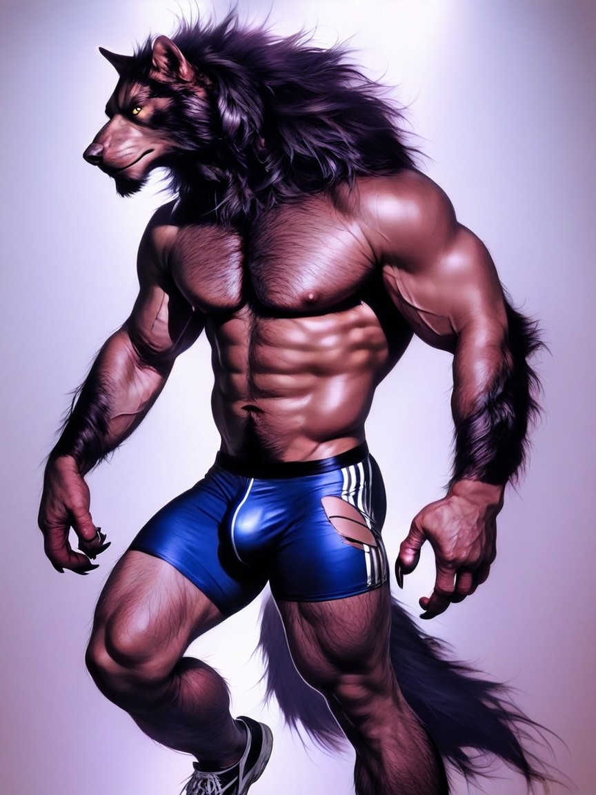 Wearing Ripped Blue Gym, Werewolf Gym Stretched And Ripped, Wide-shot AI Gay Porn