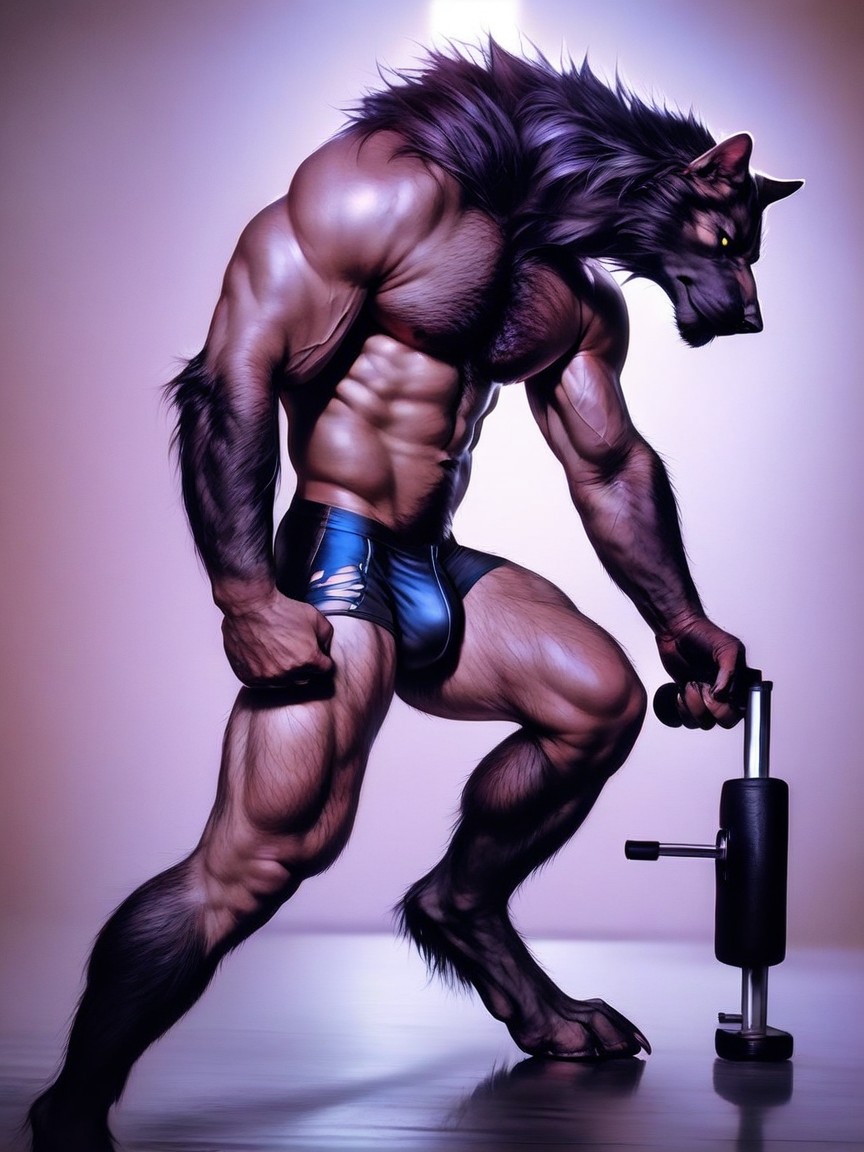 Finely Detailed Skin Texture, Werewolf Face Is Detailed And Realistic, Have Crotch Bulge Porno gay IA
