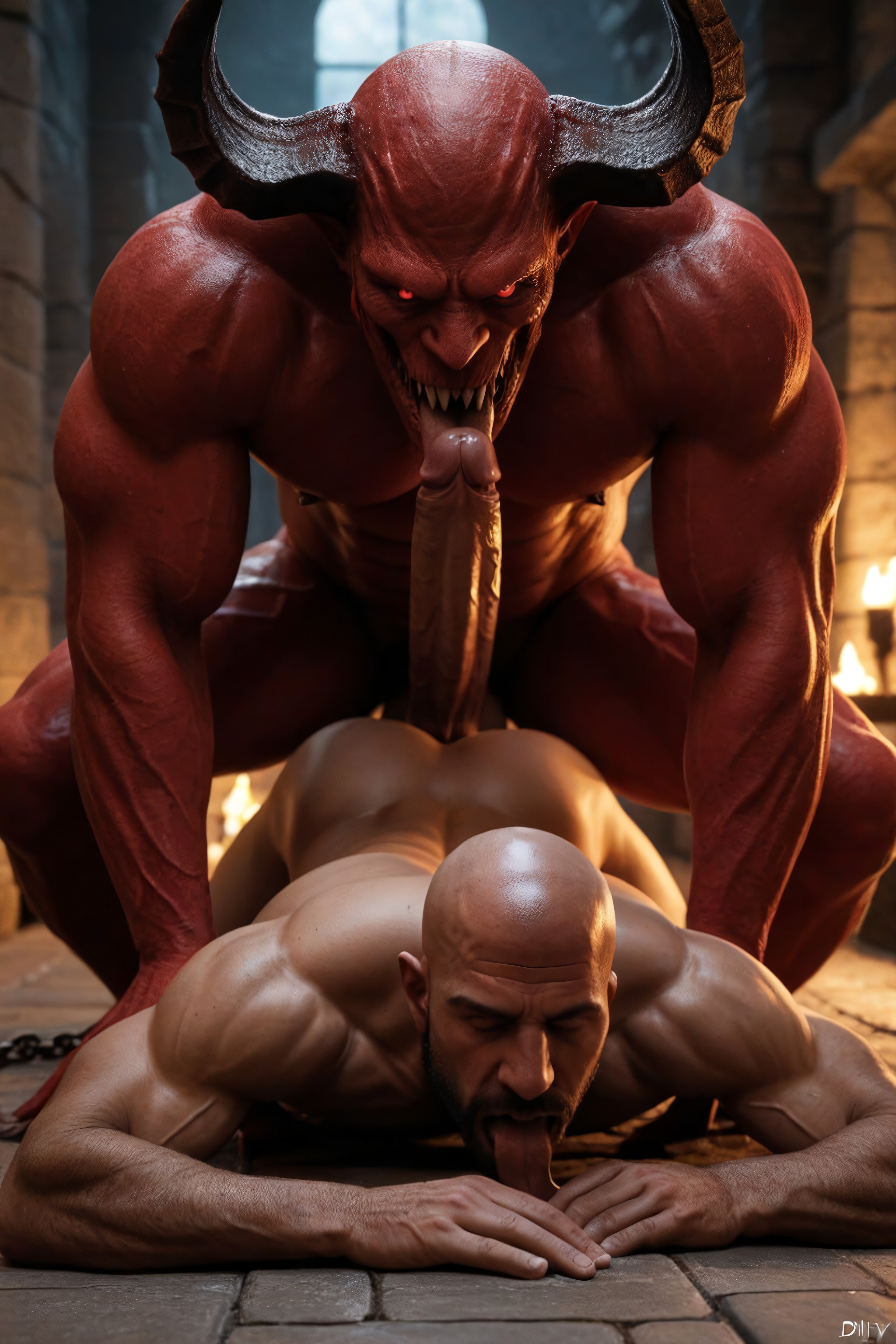 With Saliva, Monster Hugging A Man, Giant Terrifying Monster Riding A Satn Diablo Is Much Bigger Than A Man AI Gay Porn