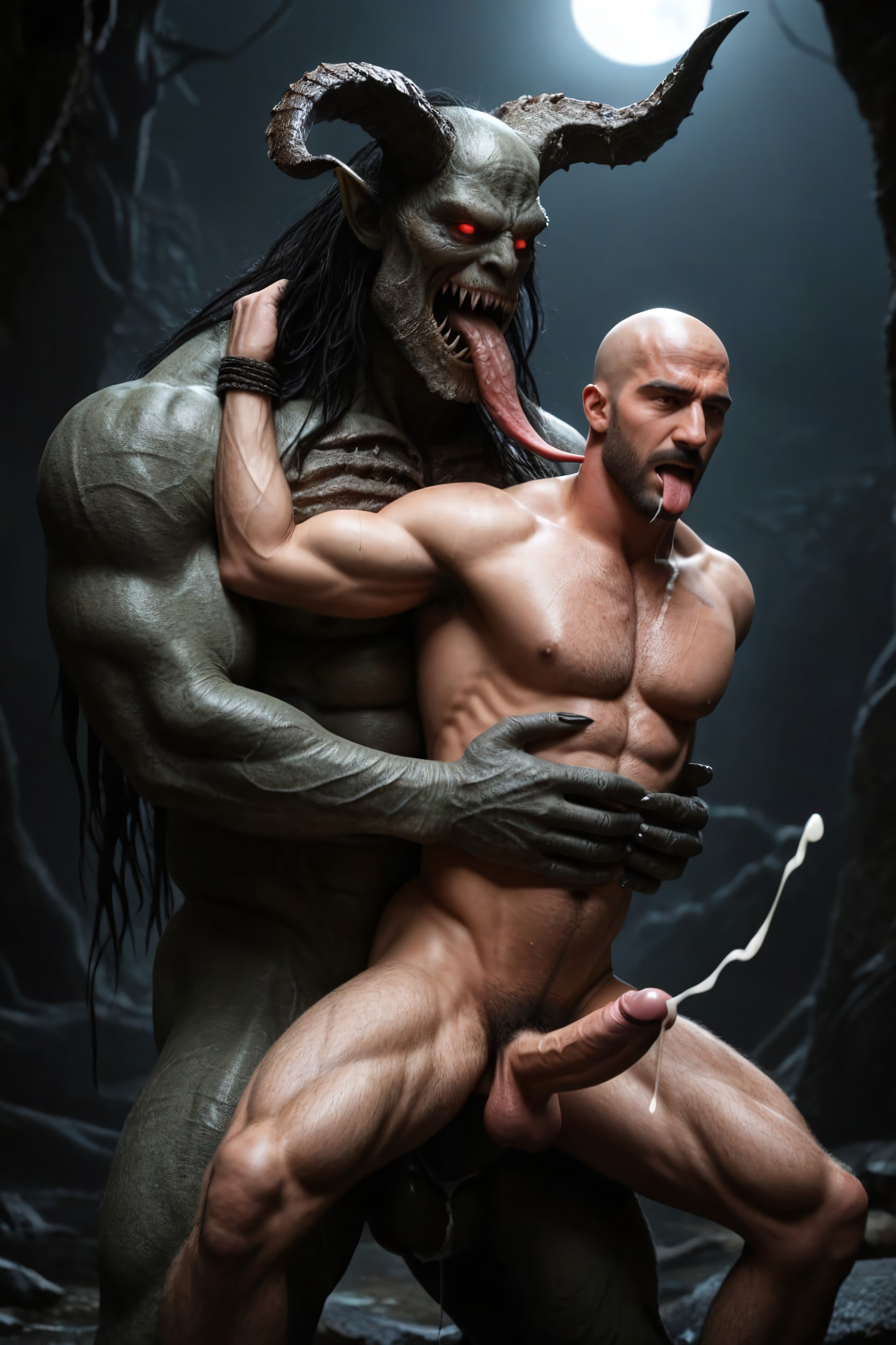Evil Face, Gay Sex, Mans Head Resting On Monsters Chest AI Gay Porn