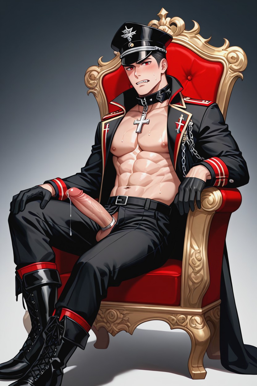 Intense Blushing, Wearing A Peaked Cap With A Skull Emblem, Handsome Anime Man AI同性恋黄片