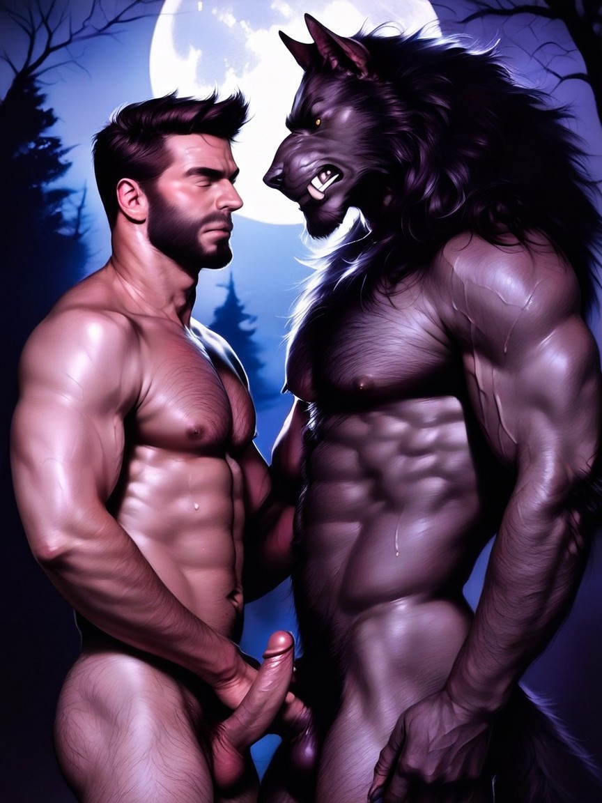 The Werewolf’s Penis Is Deep Inside The Grimacing Humans Butthole, The Werewolf Has A Hairy Body, Werewolf Sweating AI Gay Porn