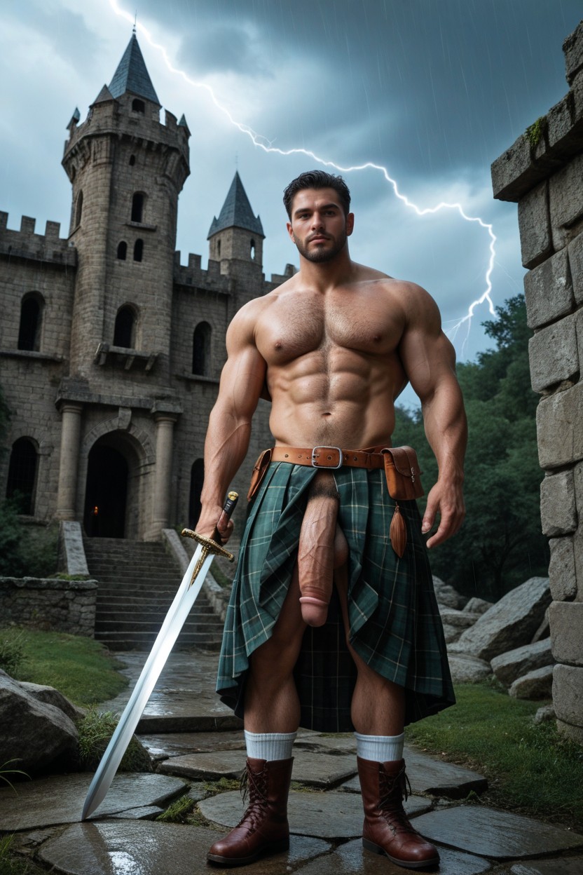 Shirtless, Oversized Muscles, Holding Up A Sword AI Gay Porn