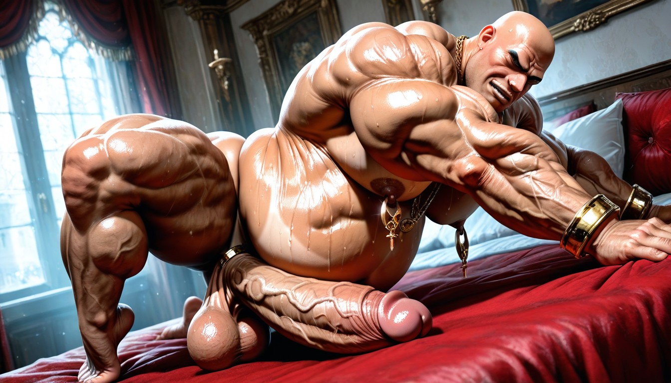 Lying On A Luxurious Bed, No Hairy On Face, Hyper Muscles AI Gay Porn