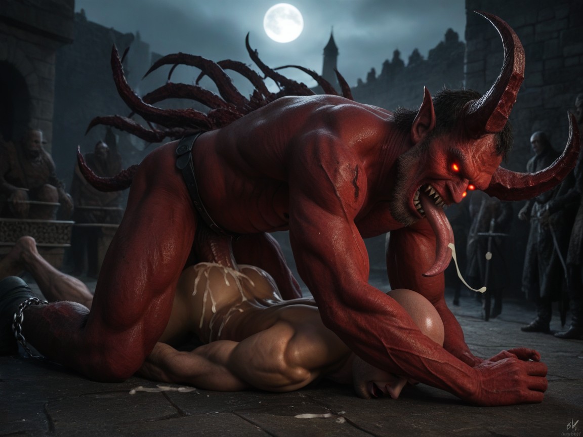 Dimly Lit, Red Eyes, Monster Hugging Man AI Gay Porn