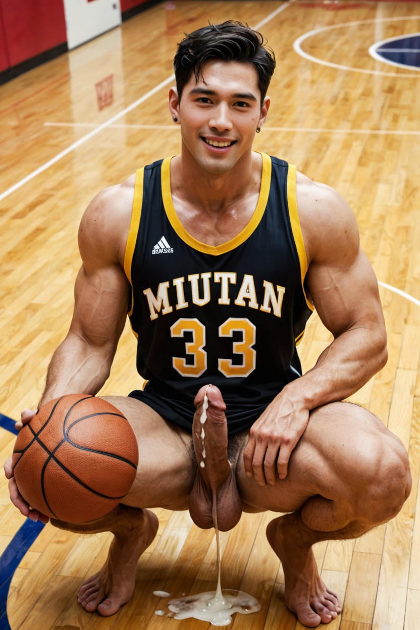 A Man In A Basketball Uniform On A Basketball Court, Thick Thighs, Detailed Face Porno gay IA