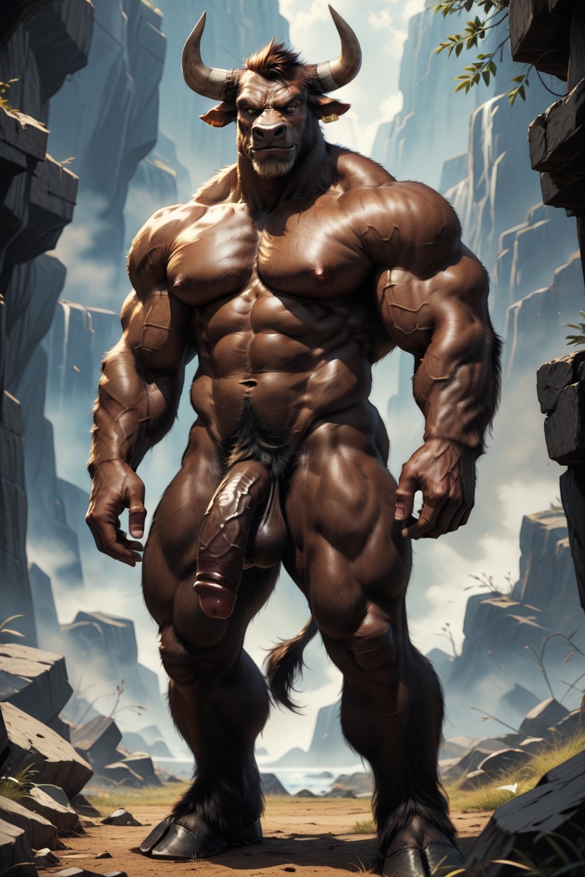 Minotaur Is Tall, Side View, Minotaur Big Furry Balls AI Gay Porn
