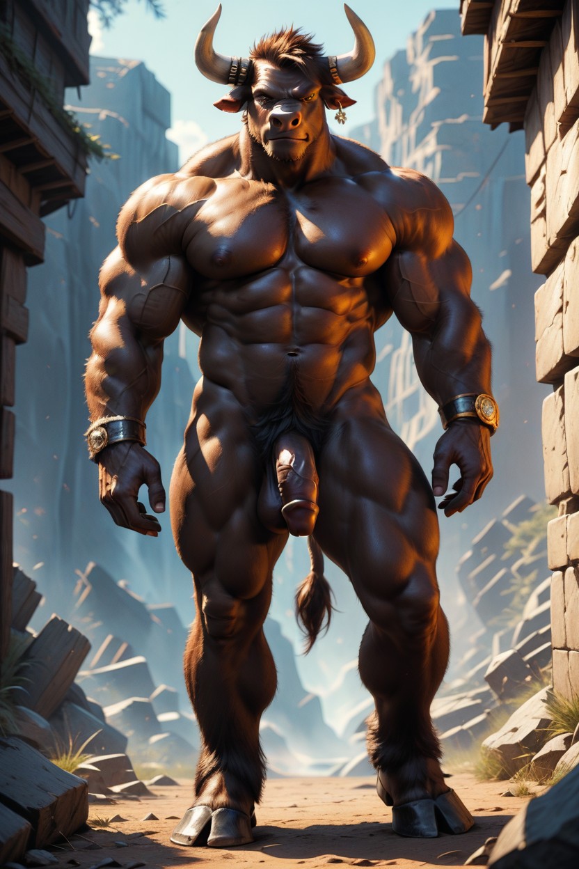 Minotaur Has Strong Hands, Large Puffy Nipples, 1 Person AI Gay Porn