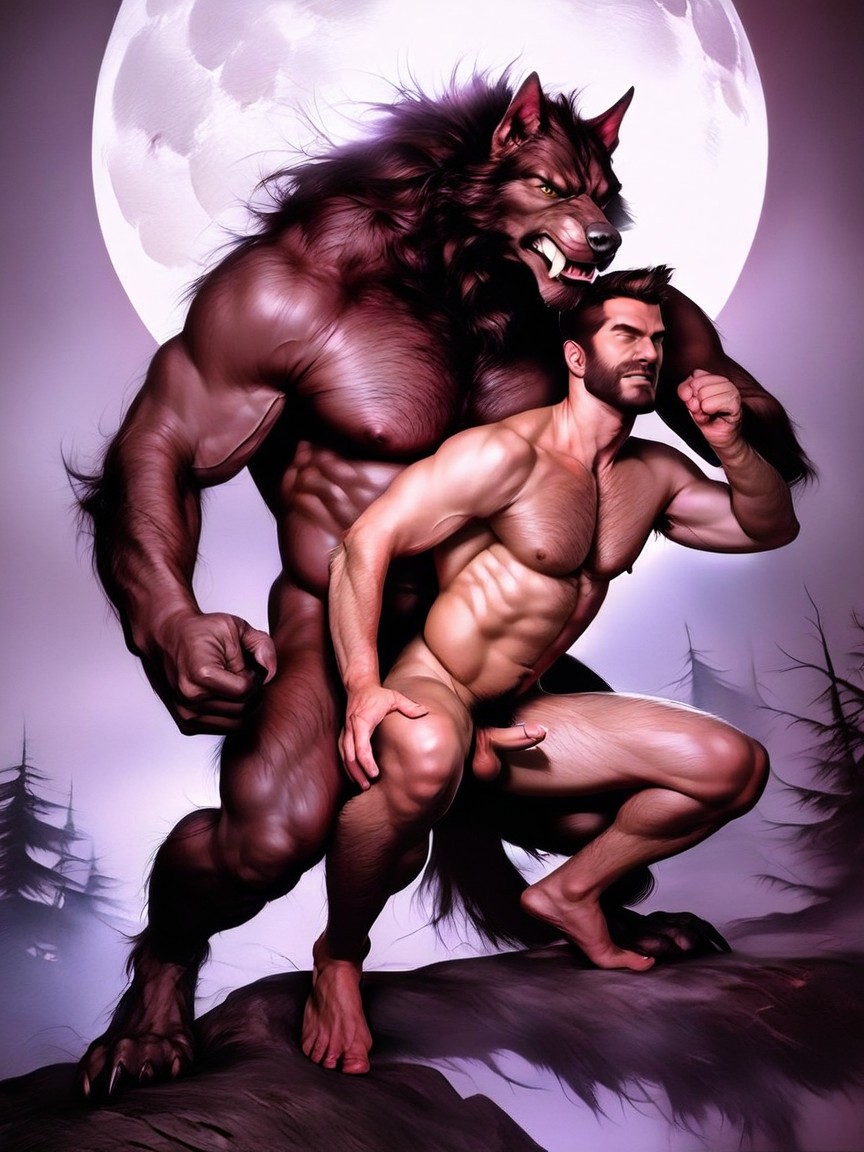 2 People, The Werewolf Has Wolflike Physical Features, The Most Photorealistic Details Showing A Werewolf AI Gay Porn