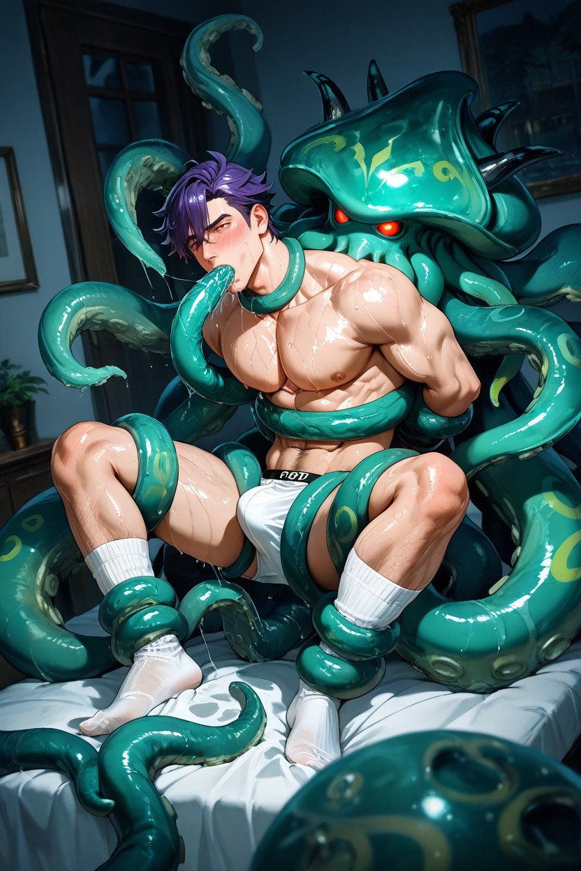 And Black Horns From Genshin Impact, Laying On Bed, Big Red Eyes Porno IA gay