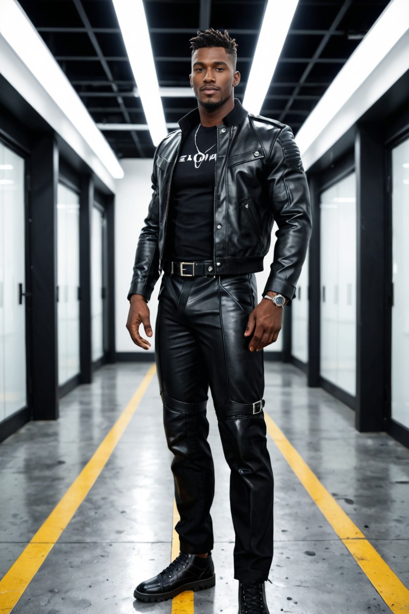 In Massive Industrial Futuristic Building, Open Leather Biker Jacket, Confident Dominant Smirk Porno gay IA