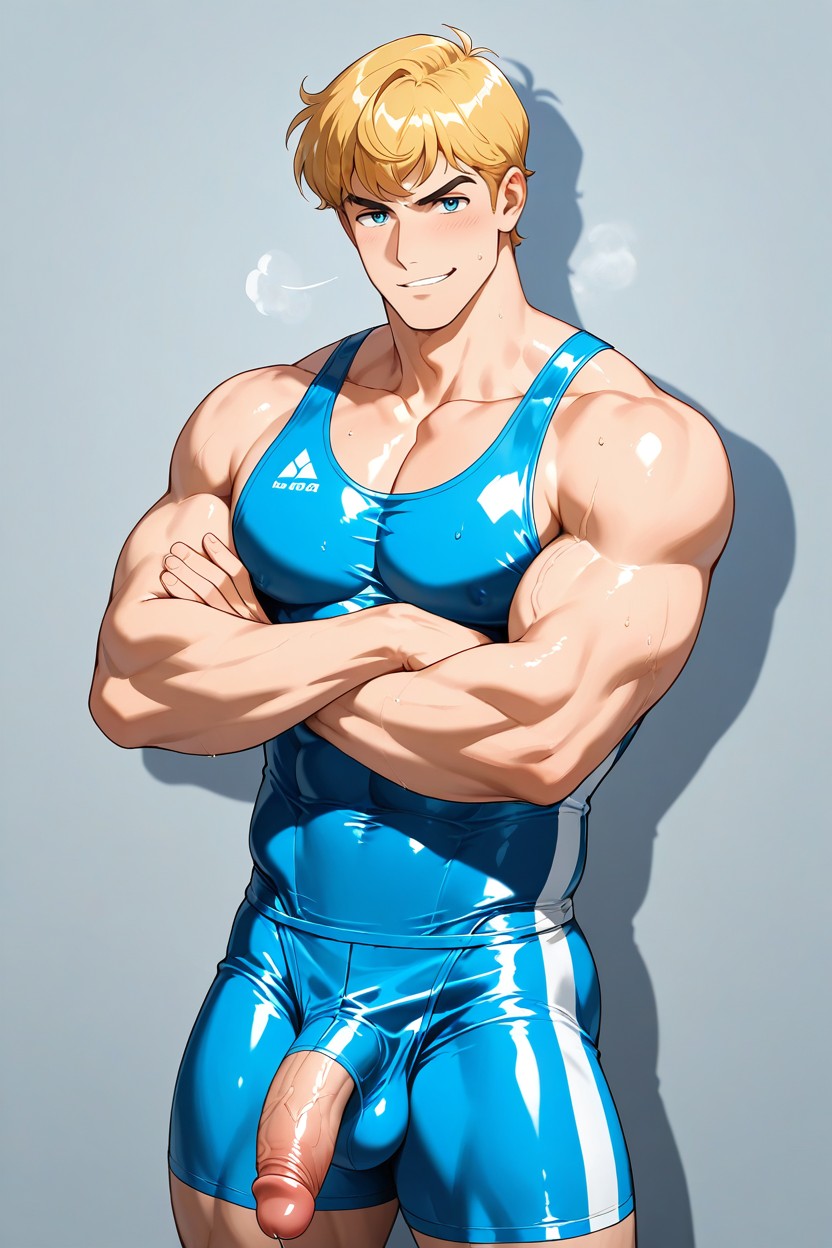 Low Singlet, Body, Wearing Tight-fitting Blue Transparent Wrestling Singlet AI同性戀黃片