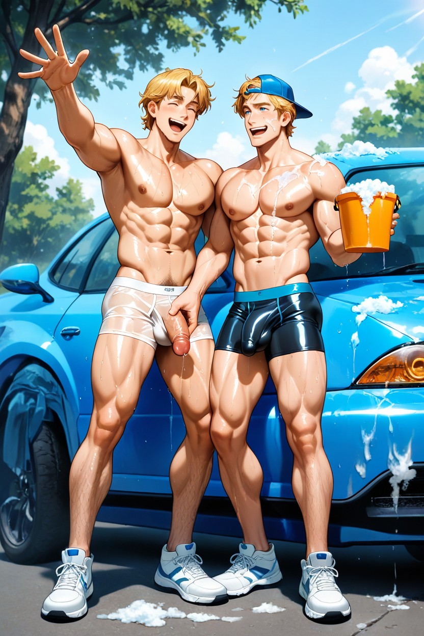 Big Sized Erect Penises, Bucket, Blonde Hair AI Gay Porn