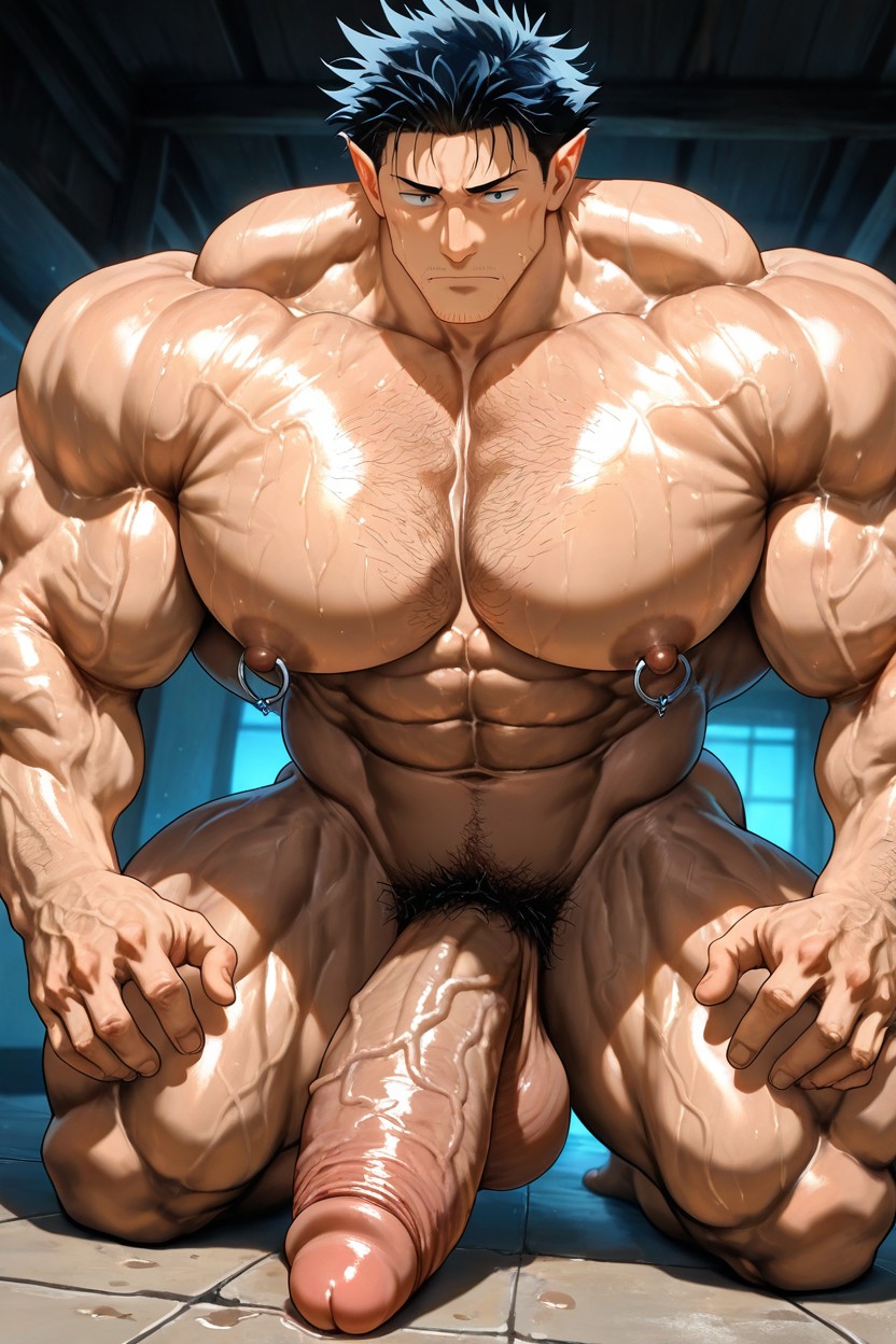 Oversized Muscles, Boulder Shoulders, Vivid Cinematic Light Casting Rembrandt-style Deep Shadows On His Massive Bulking Body AI Gay Porn
