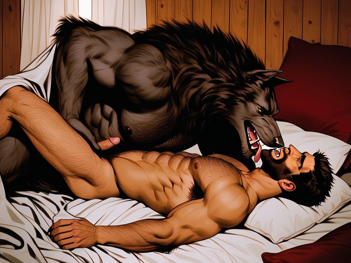 Waist Shot, Werewolf Has Hairy Muscular Legs, Both Are Laying Side By Side With Each Other Naked On A Rustic Cabin Bed AI Gay Porn