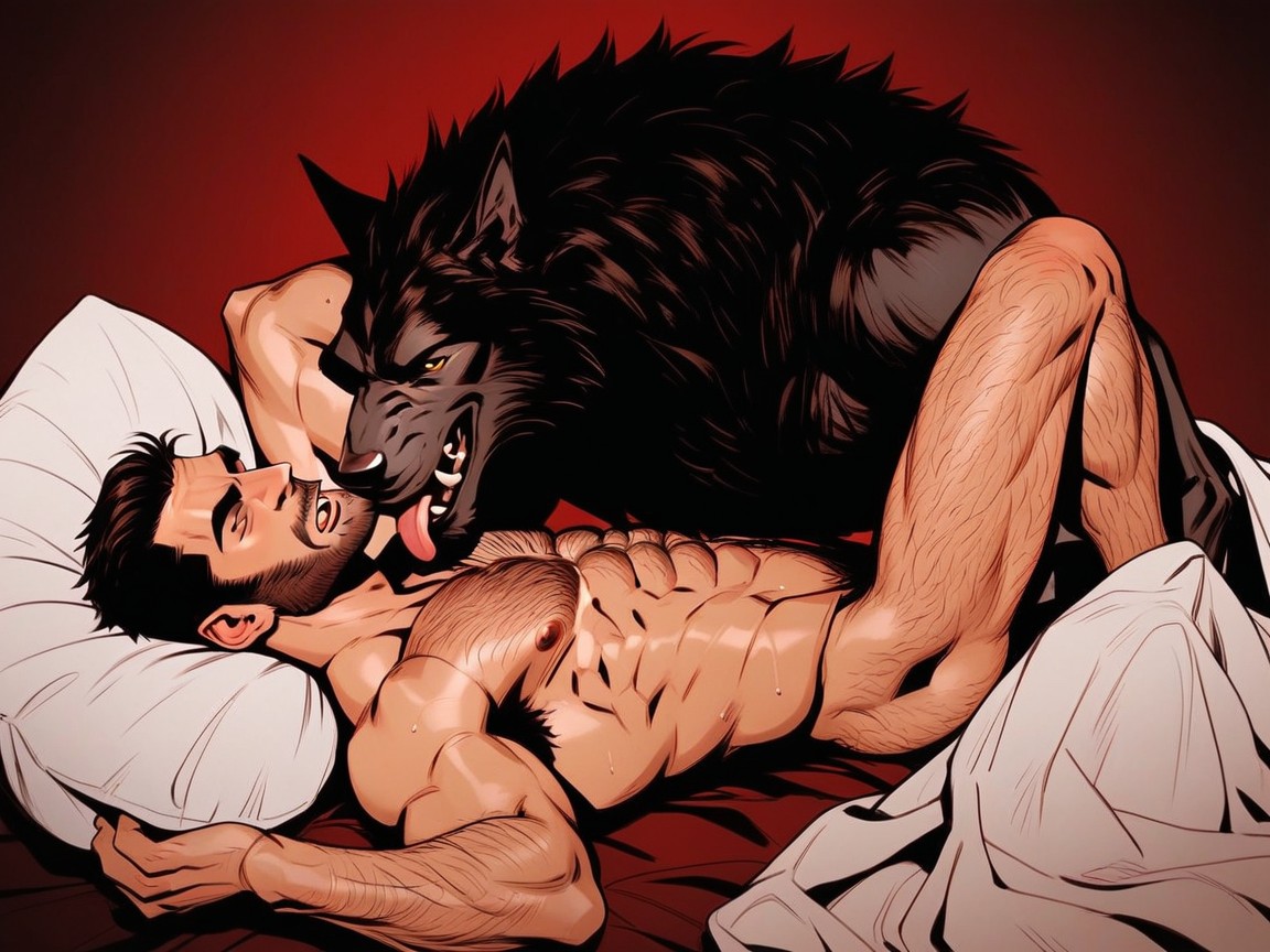 Dimly Light Nighttime Scene, Small, The Werewolf’s Naked Body On Top Of The Laying Human Male’s Body AI Gay Porn