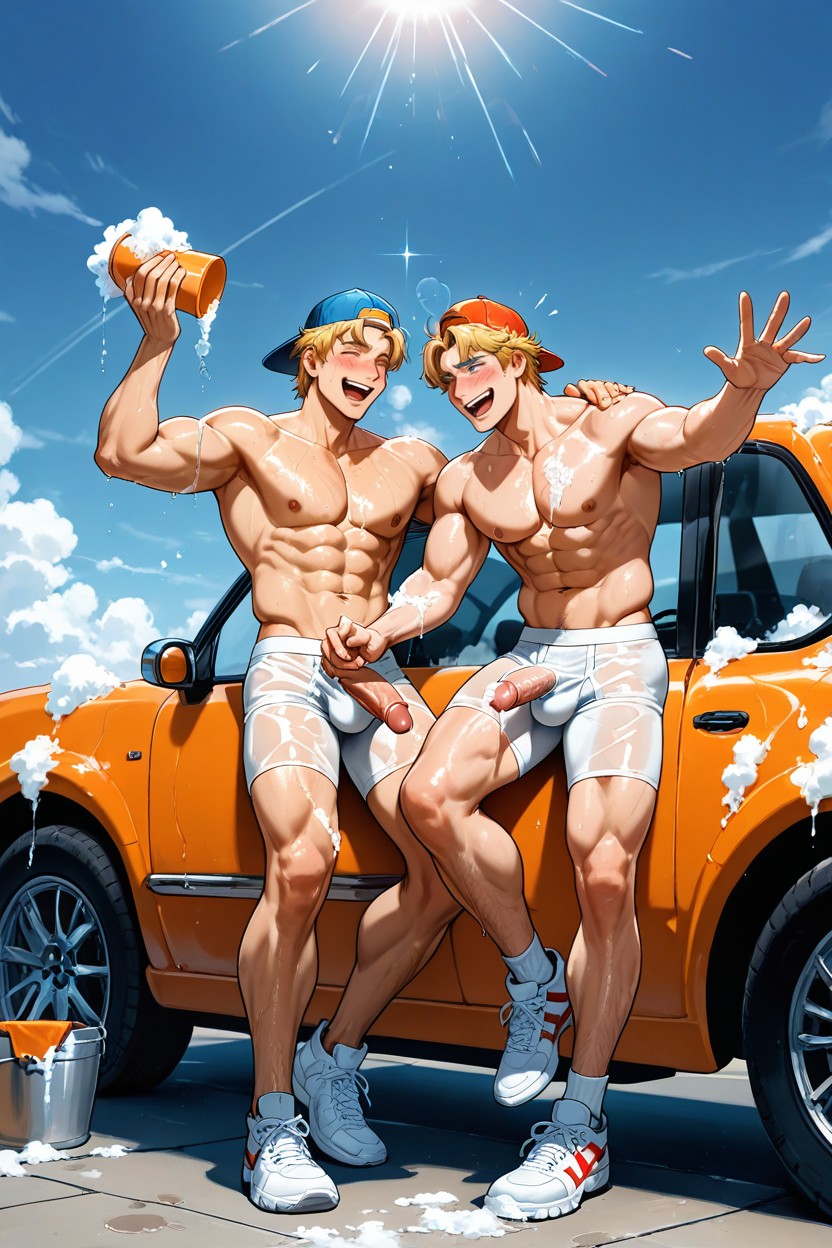 Reaching, Suds On Body, Translucent White Boxer Briefs AI Gay Porn