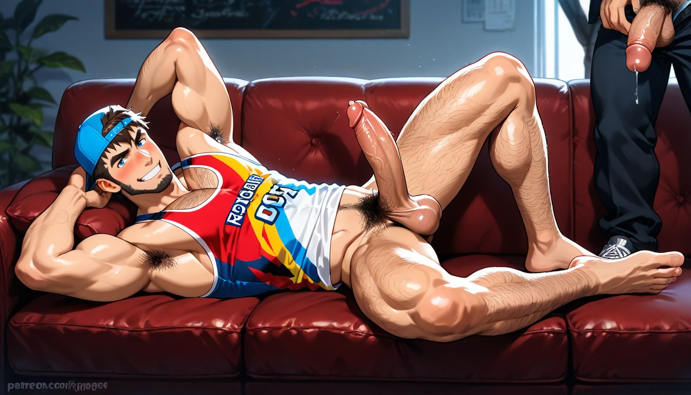 Very Tight-fitting Red Translucent Tank Top, Dripping Precum, Hairy Chest AI Gay Porn
