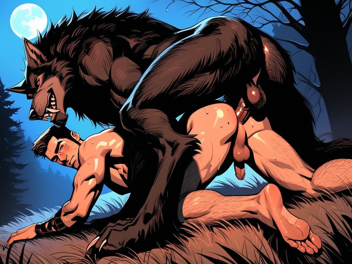 The Top Werewolf Is Thrusting His Penis Deeply Inside Of The Bottom Werewolf Annus, Viewed From Behind, Small AI Gay Porn
