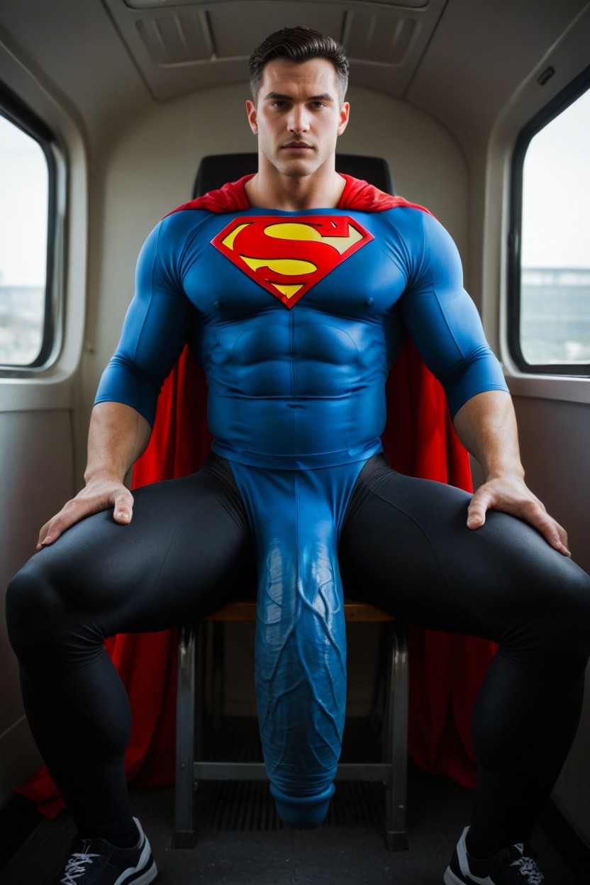 Shiny Spandex Leggings Covering His Massive Giant Bulge Outline In Superman Costume, Fully Covered, Skinny AI Gay Porn