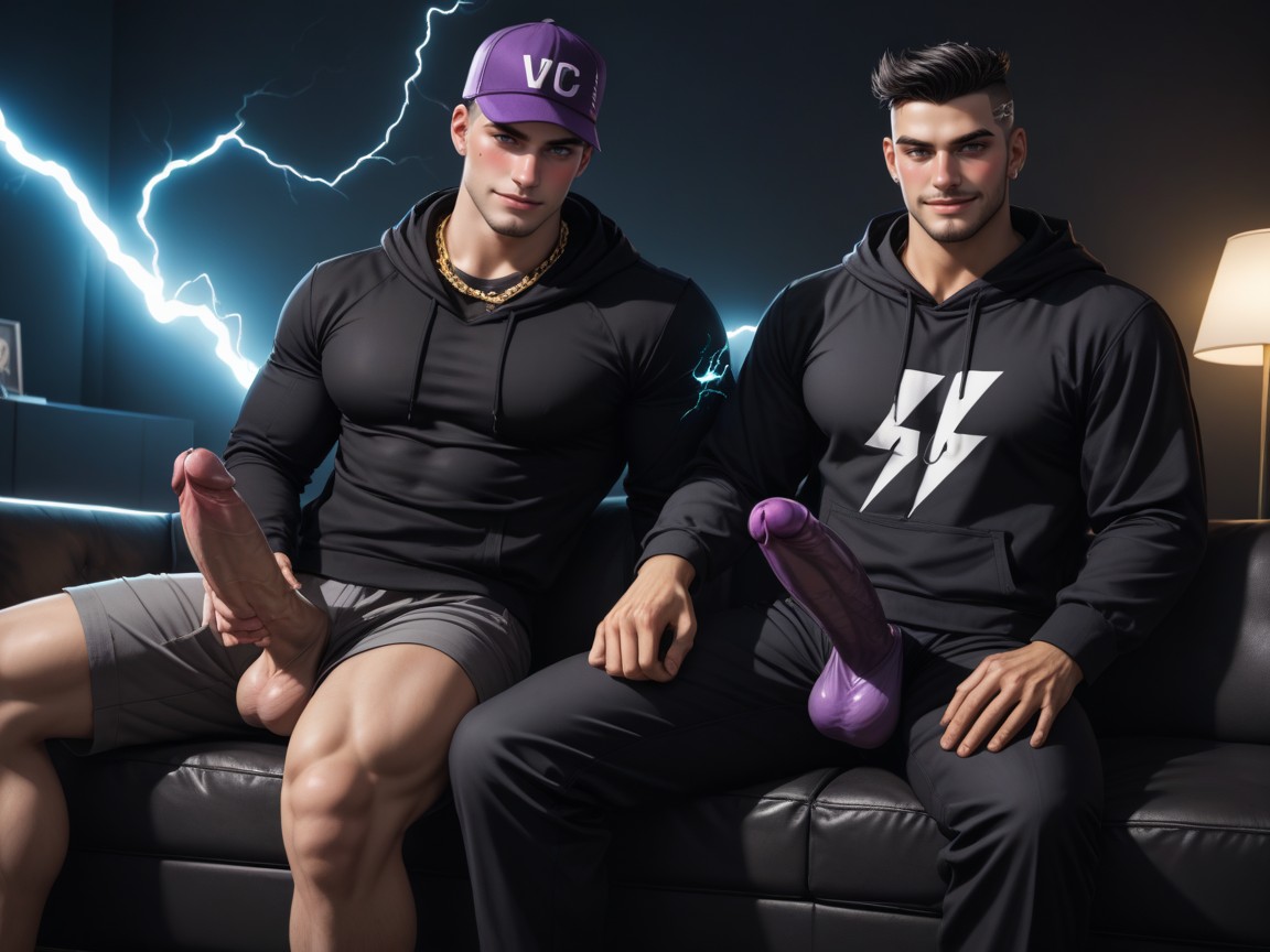 Electricity Powers, Leather Couch, Pile Of White Powder On Tip Of Cock AI Gay Porn